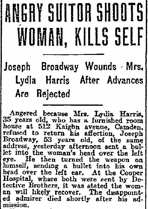 Angry Suitor Shoots Woman, Kills Self - Philadelphia Inquirer, March 28, 1913