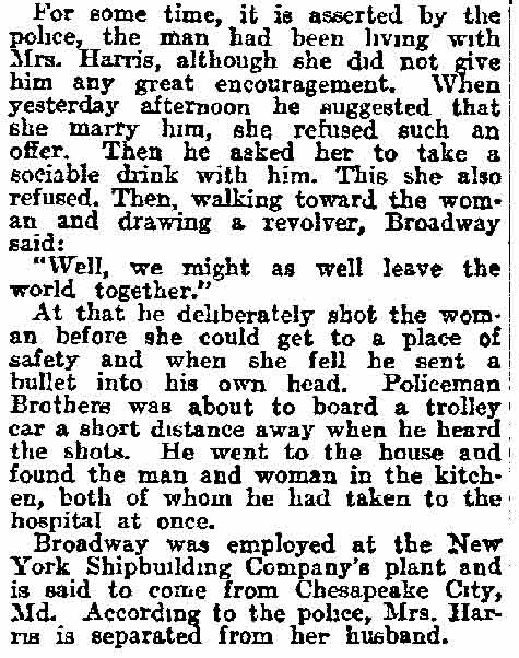 Angry Suitor Shoots Woman, Kills Self - Philadelphia Inquirer, March 28, 1913