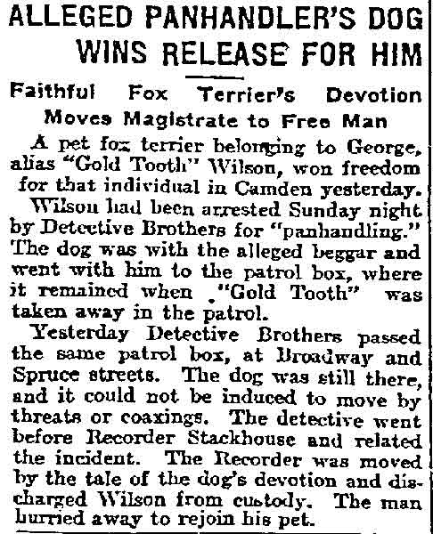 Alleged Panhandler’s Dog Wins Release for Him - Philadelphia Inquirer, July 25, 1916