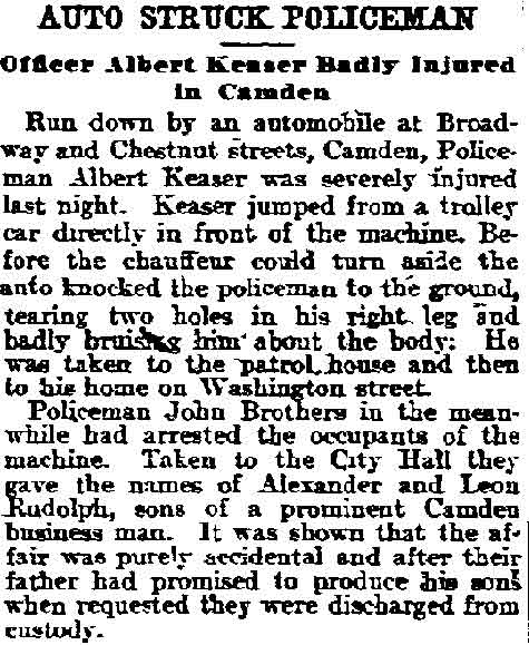 Auto Struck Policeman - Philadelphia Inquirer, August 1, 1905