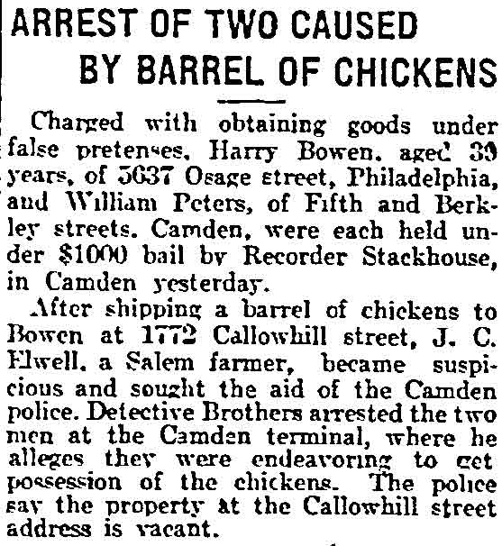 Arrest of Two Caused by Barrel of Chickens - Philadelphia Inquirer, August 5, 1914