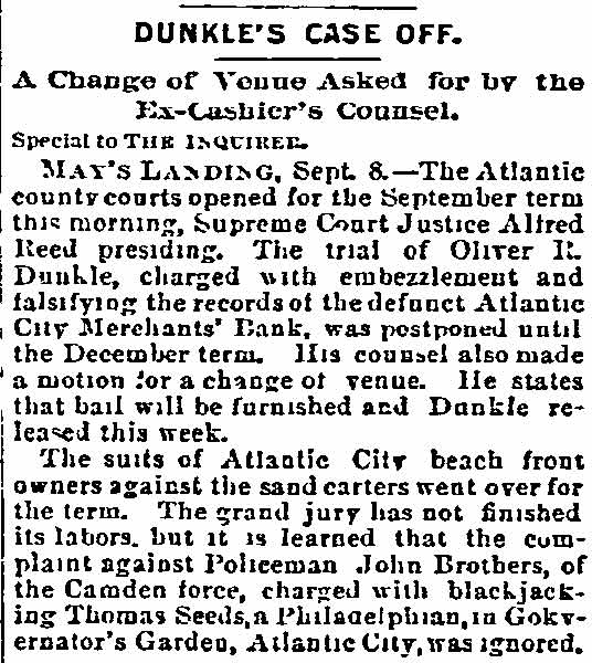 Dunkle’s Case Off - Philadelphia Inquirer, September 9, 1891