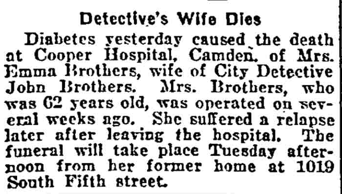 Philadelphia Inquirer, September 11, 1921 — Emma Brothers obituary