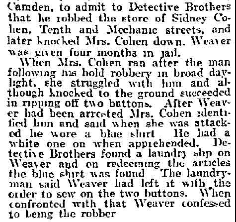 Missing Buttons Aid in Trapping Robber - Philadelphia Inquirer, September 13, 1914