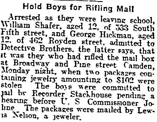 Hold Boys for Rifling Mail - Philadelphia Inquirer, October 21, 1915