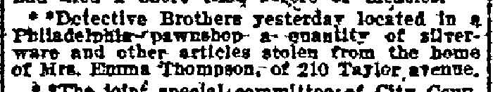 Philadelphia Inquirer clipping, December 23, 1910 — Detective Brothers recovers stolen silverware from 210 Taylor Avenue
