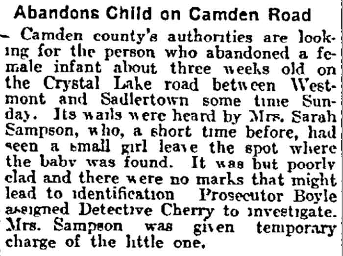 Abandons Child on Camden Road - Philadelphia Inquirer, July 2, 1912