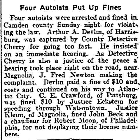 Four Autoists Put Up Fines - Philadelphia Inquirer, August 15, 1905