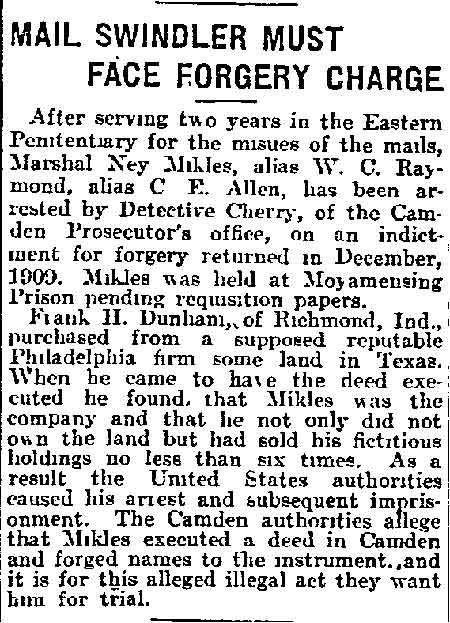 Mail Swindler Must Face Forgery Charge - Philadelphia Inquirer, November 20, 1912