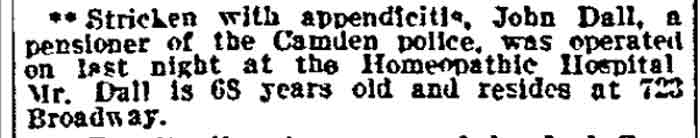 Appendicitis operation for John Dall, Philadelphia Inquirer, January 27, 1912