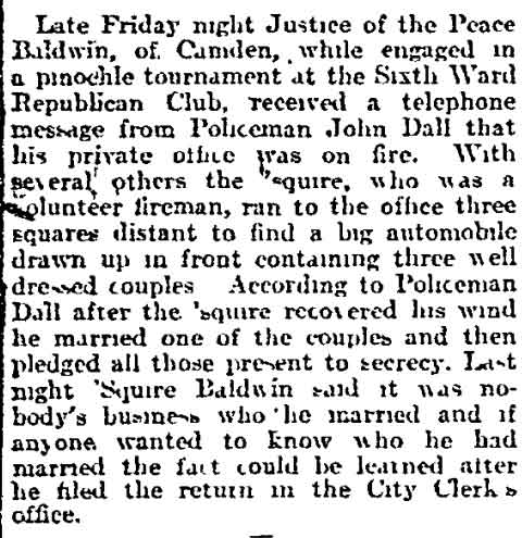 Justice of Peace Baldwin at Sixth Ward Republican Club, Philadelphia Inquirer, July 29, 1906