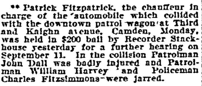 Patrol wagon collision, Philadelphia Inquirer, August 22, 1906