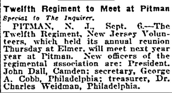 Twelfth Regiment to Meet at Pitman, Philadelphia Inquirer, September 7, 1919