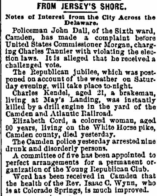 From Jersey's Shore, Philadelphia Inquirer, November 12, 1888