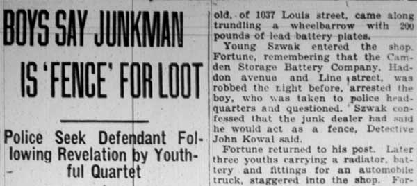 Boys Say Junkman Is Fence for Loot article, part 1