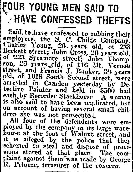 Four Young Men Said to Have Confessed Thefts, Philadelphia Inquirer, February 5, 1913