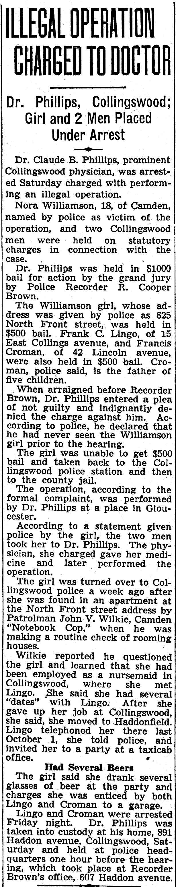 Illegal Operation Charged to Doctor — Camden Courier-Post, February 21, 1938