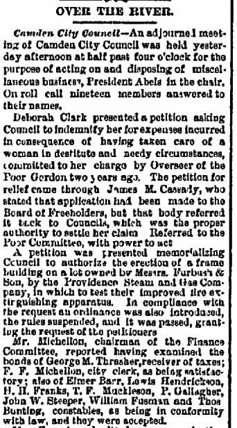 Over the River, Philadelphia Inquirer, April 9, 1880 — Streeper's constable bond accepted by City Council