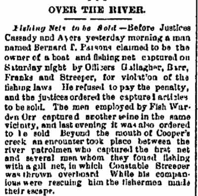 Over the River, Philadelphia Inquirer, April 27, 1880 — fishing net seizure, Constable Streeper thrown overboard
