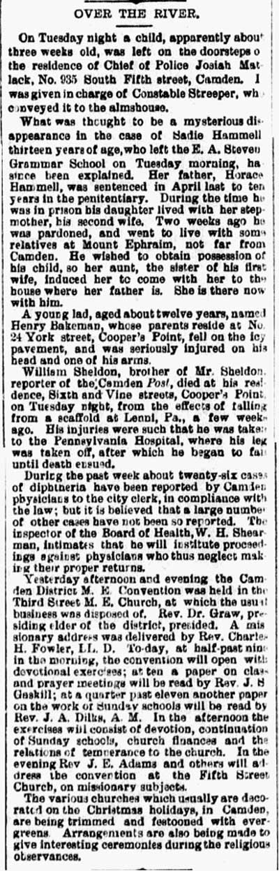 Over the River, Philadelphia Inquirer, December 21, 1882 — Constable Streeper conveyed abandoned baby to almshouse