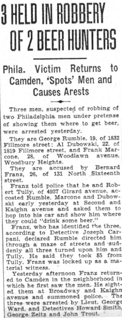 Newspaper clipping: 3 Held in Robbery of 2 Beer Hunters