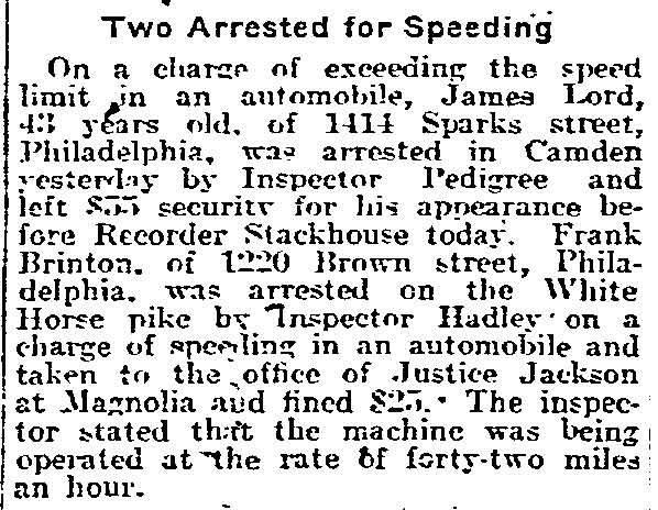 Philadelphia Inquirer, April 15, 1918 — Two Arrested for Speeding