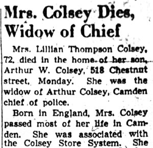 Mrs. Colsey Dies, Widow of Chief, newspaper headline