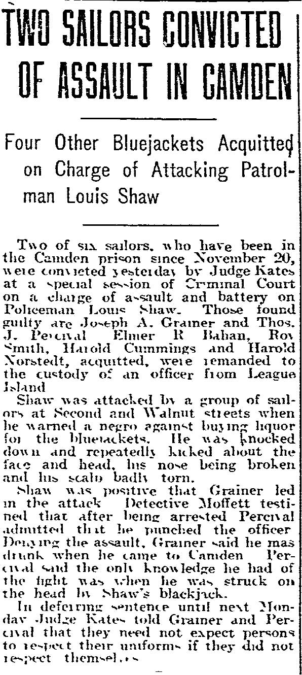 Two Sailors Convicted of Assault in Camden — Philadelphia Inquirer, December 1, 1917
