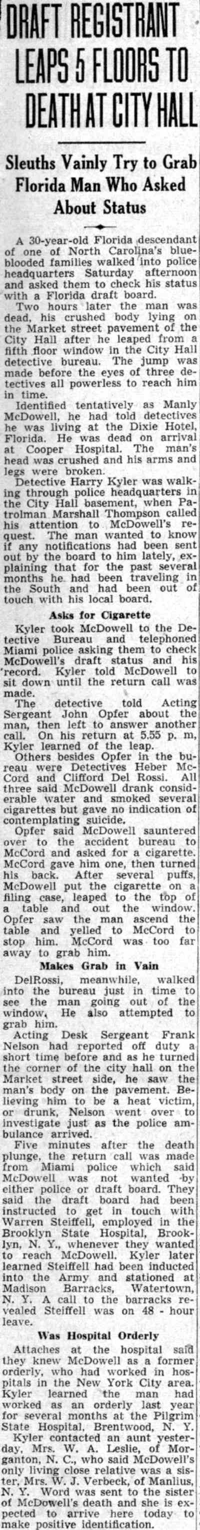 Camden Courier-Post July 28, 1941 — Manly McDowell Jr., Col. Manly McDowell Sr., Col. Joseph McDowell, Harry Kyler, Marshall Thompson, John G. Opfer, Heber McCord, Clifford Del Rossi, Frank Nelson