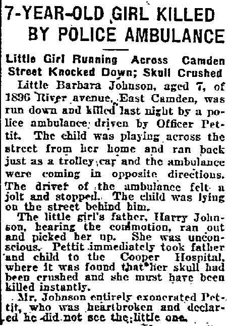 Philadelphia Inquirer November 22 1919 — 7-Year-Old Girl Killed by Police Ambulance