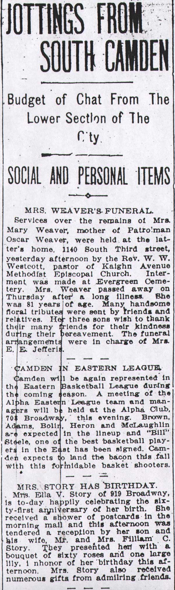 Jottings From South Camden, Philadelphia Inquirer, July 28, 1913
