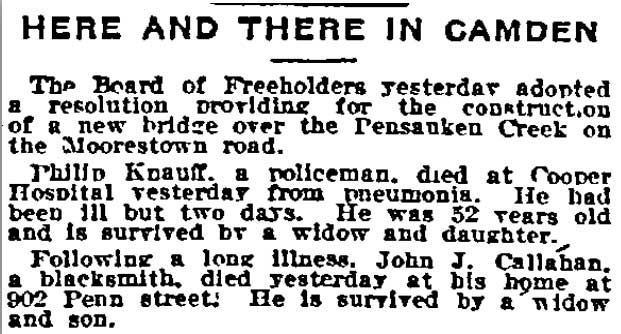 Philadelphia Inquirer, March 15, 1917 — Here and There in Camden