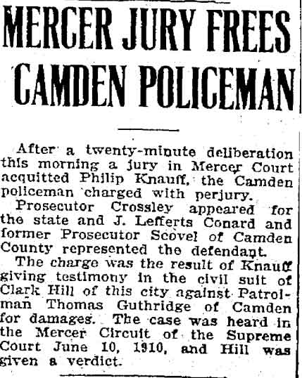 Trenton Evening Times, April 16, 1912 — Mercer Jury Frees Camden Policeman