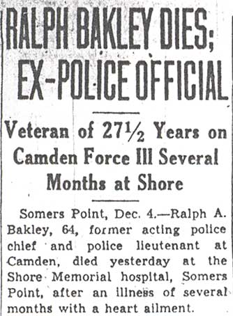 Ralph Bakley dies obituary, December 4, 1945