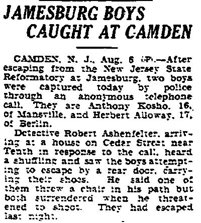 Trenton Times article on Jamesburg boys captured in Camden, August 6, 1931