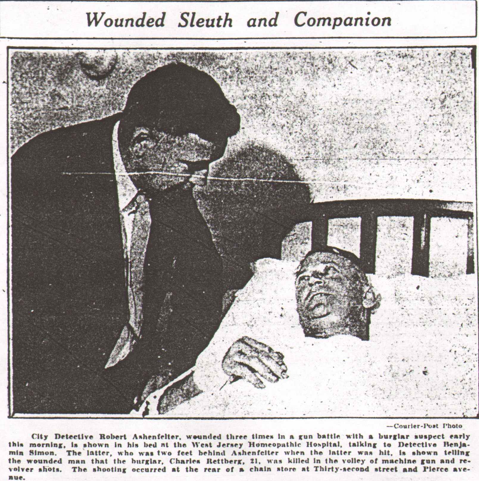 Wounded Sleuth and Companion — Robert Ashenfelter in hospital with Benjamin Simon, August 24, 1931
