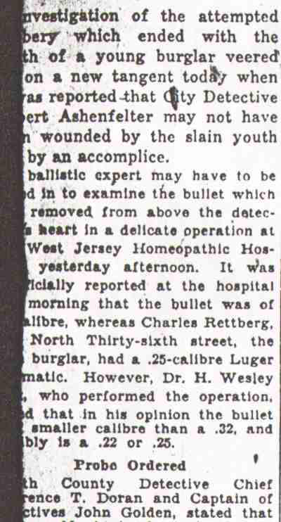Bullet Upsets Theory Thief Shot Detective - Camden Courier-Post, August 26, 1931