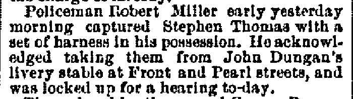 Newspaper clipping: Policeman Robert Miller captures Stephen Thomas, Philadelphia Inquirer, July 23, 1888