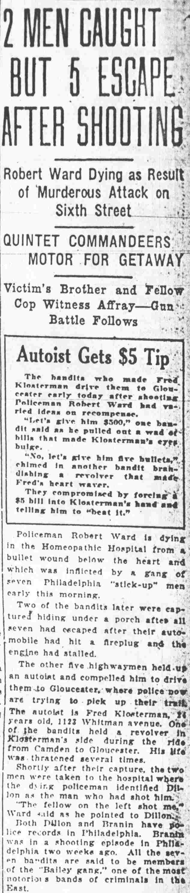 Camden Courier, June 6, 1925 — Cop Shot as He Quizzes Auto Bandit Gang, page 1