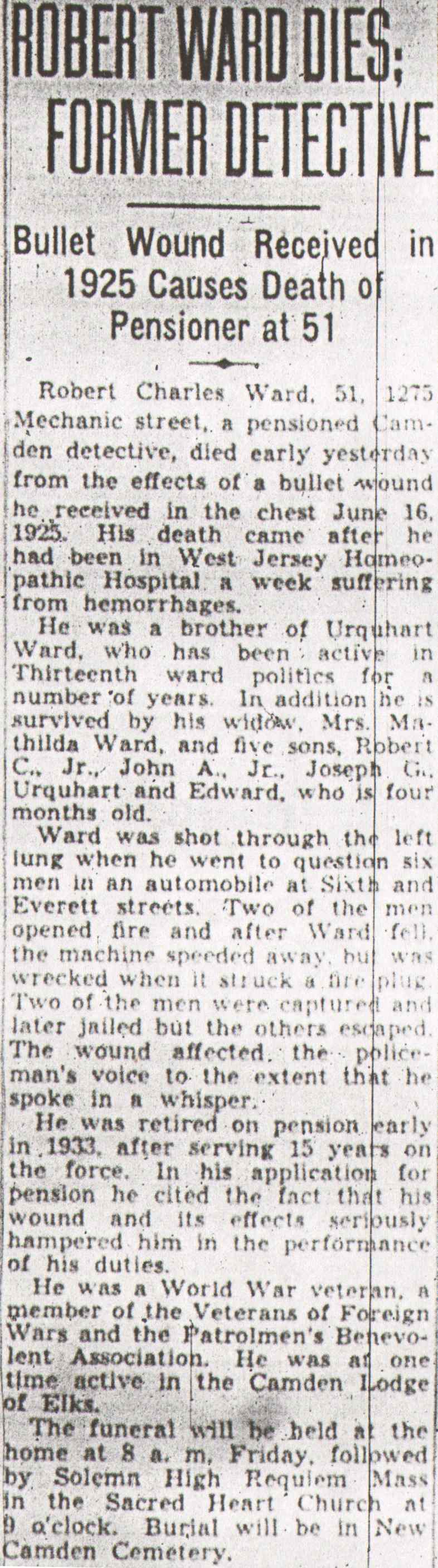 Robert Ward Dies; Former Detective — Camden Courier-Post, June 25, 1940