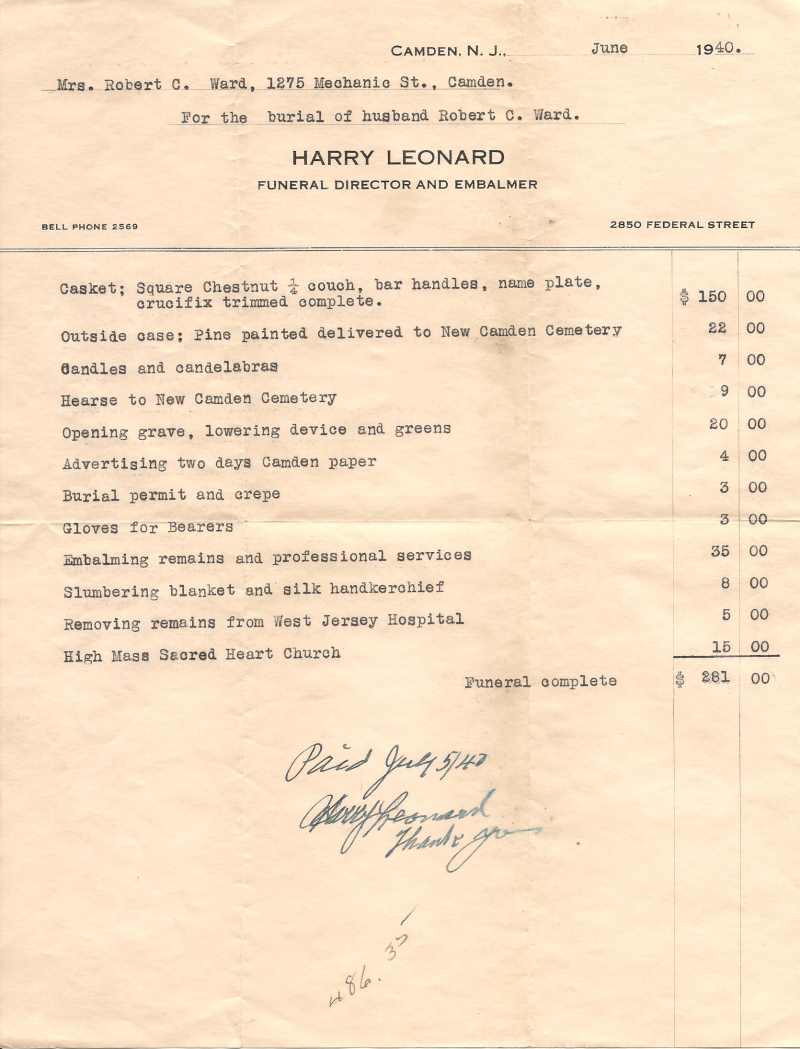 Invoice for the burial of Robert C. Ward from Harry Leonard Funeral Director, June 1940