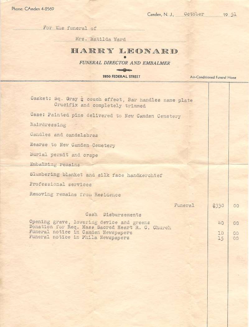 Invoice for the burial of Mrs. Matilda Ward from Harry Leonard Funeral Director, October 1951