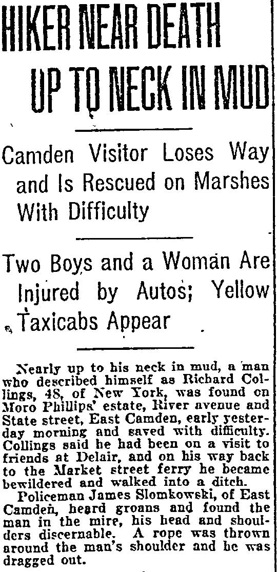 Philadelphia Inquirer article, November 20, 1922, about James Slomkowski rescuing a hiker from mud on Moro Phillips' estate