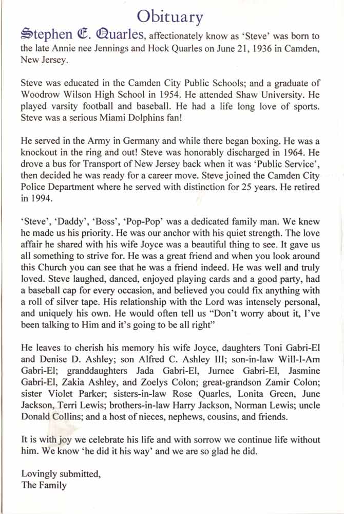 Steve Quarles obituary clipping