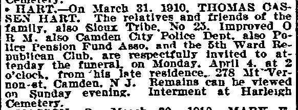 Philadelphia Inquirer, April 2-3, 1910 obituary