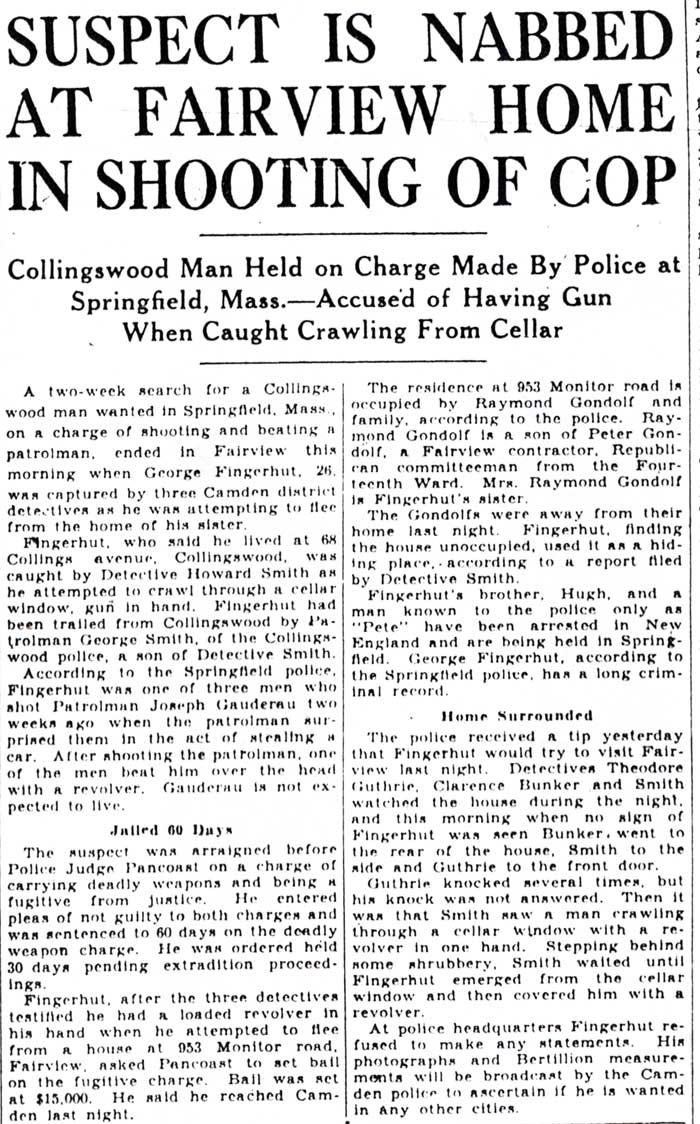 Suspect Is Nabbed at Fairview Home in Shooting of Cop — Camden Evening Courier, December 10, 1930