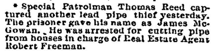 News note about Patrolman Thomas Reed capturing a lead pipe thief