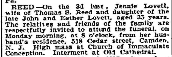 Obituary notice for Jennie Lovett Reed, wife of Thomas S. Reed