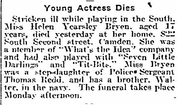 Philadelphia Inquirer, May 17, 1918 — Helen Yearsley Bryen, step-daughter of Sergeant Thomas Reed, dies