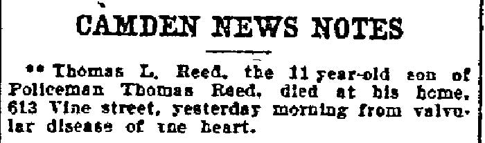 Camden News Notes — death of Thomas L. Reed, son of Policeman Thomas Reed